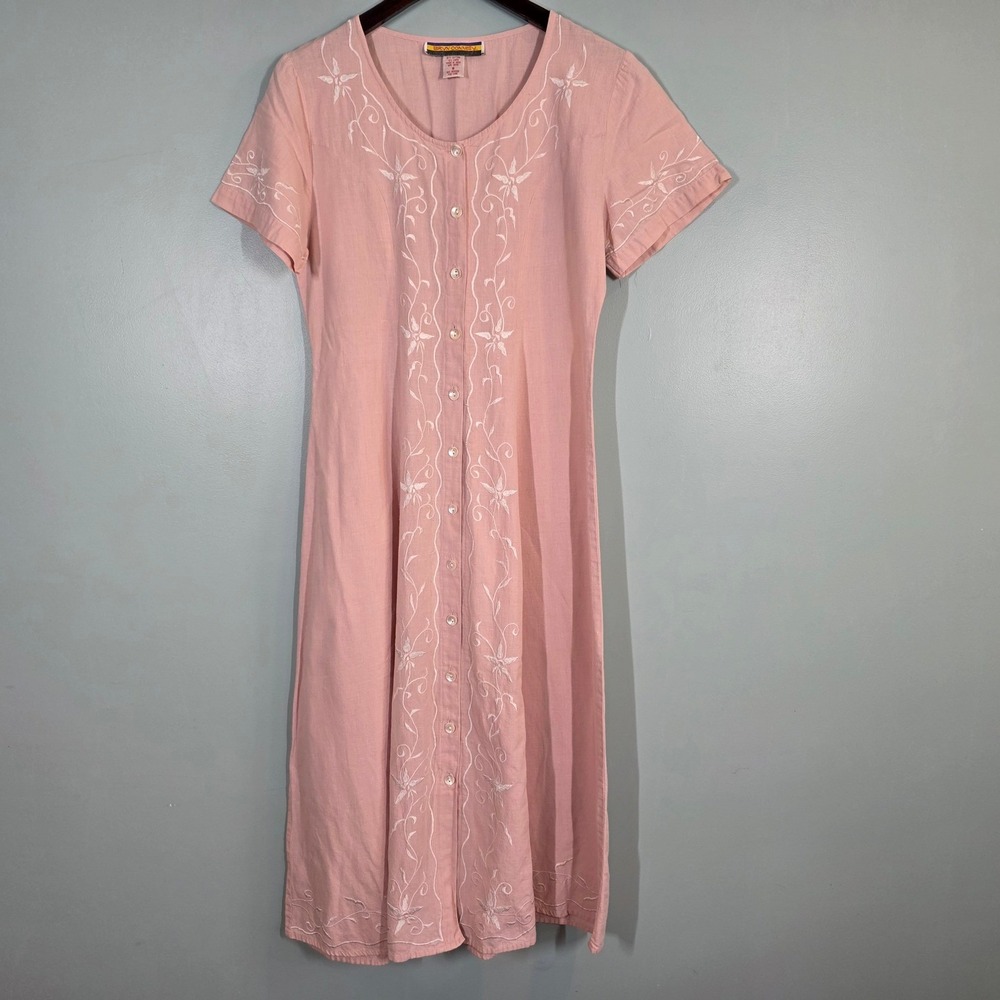 Bryn Connelly Vintage Pink Cotton Linen Embroidered Button Front Midi Dress S